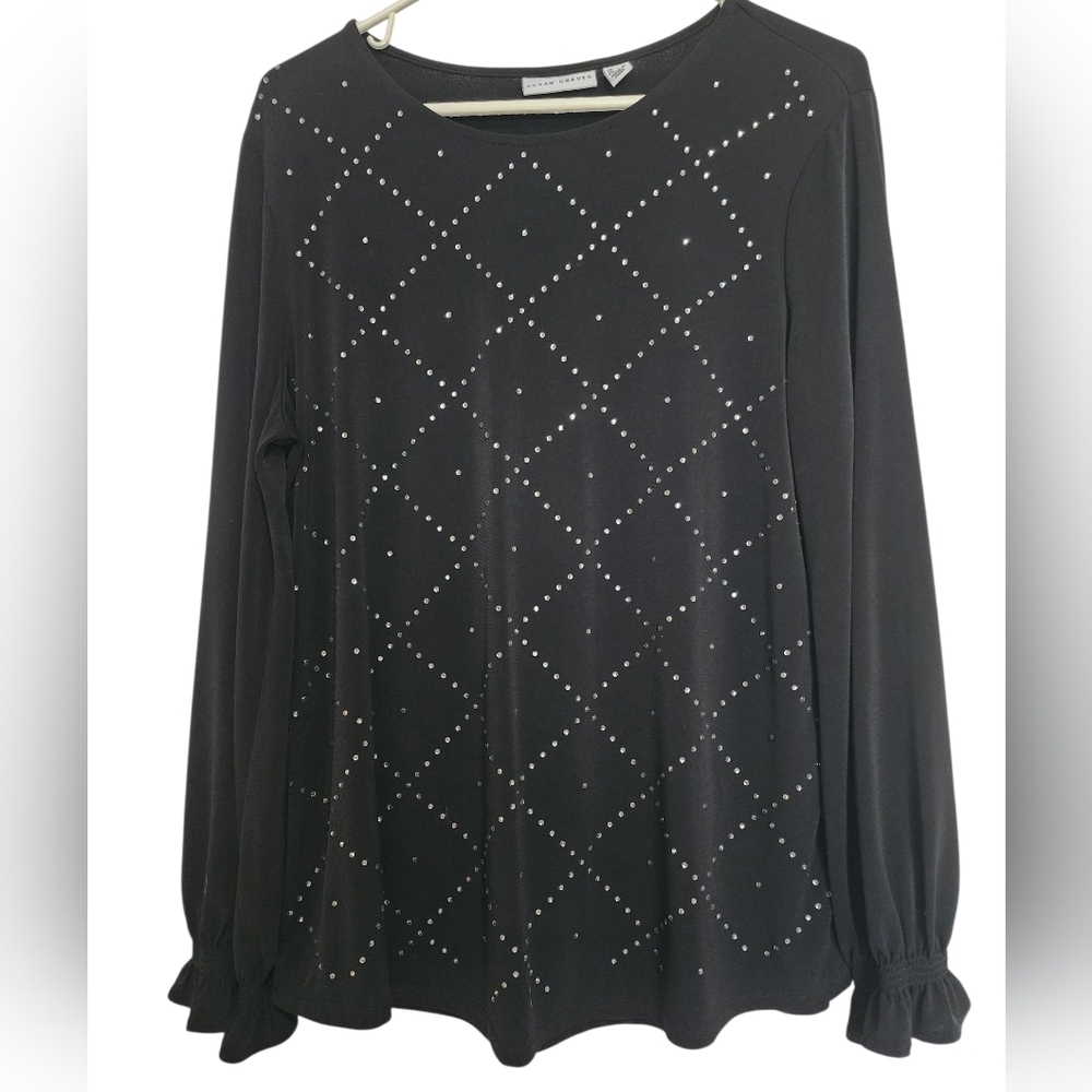 Susan Graver Embellished Top 3/4 Sleeve Blouse Tunic Black Geometric‎ SZ Medium